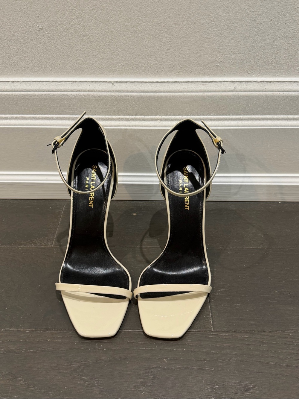 Saint Laurent Ivory Leather Ankle-Strap Heels with Black Logo Heels - Picture 2 of 5